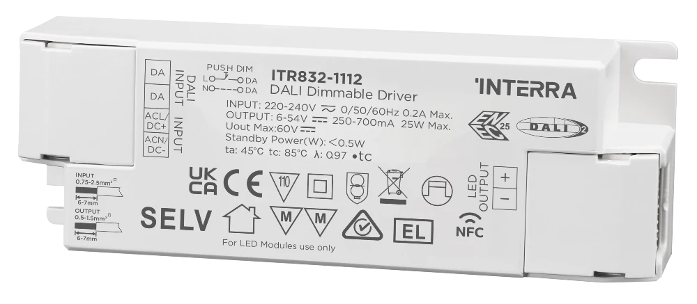 25W NFC-programmierbarer DALI-2 DT6 Konstantstrom-LED-Treiber (250–700 mA)