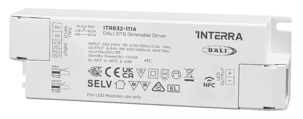 Interra 45 W DALI-2 DT6 LED-Treiber, Konstantstrom, NFC programmierbar (500-1400 mA)