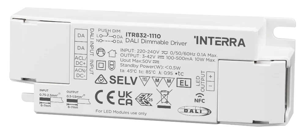 Interra 10 W DALI-2 DT6 LED-Treiber, Konstantstrom, NFC programmierbar (100-500 mA)